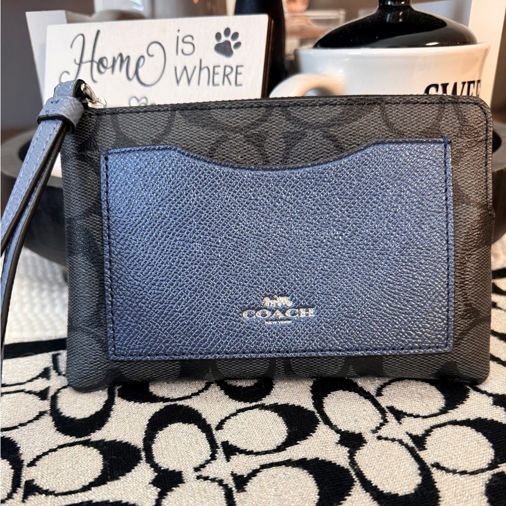 Coach Navy Metallic Black Signature Wristlet